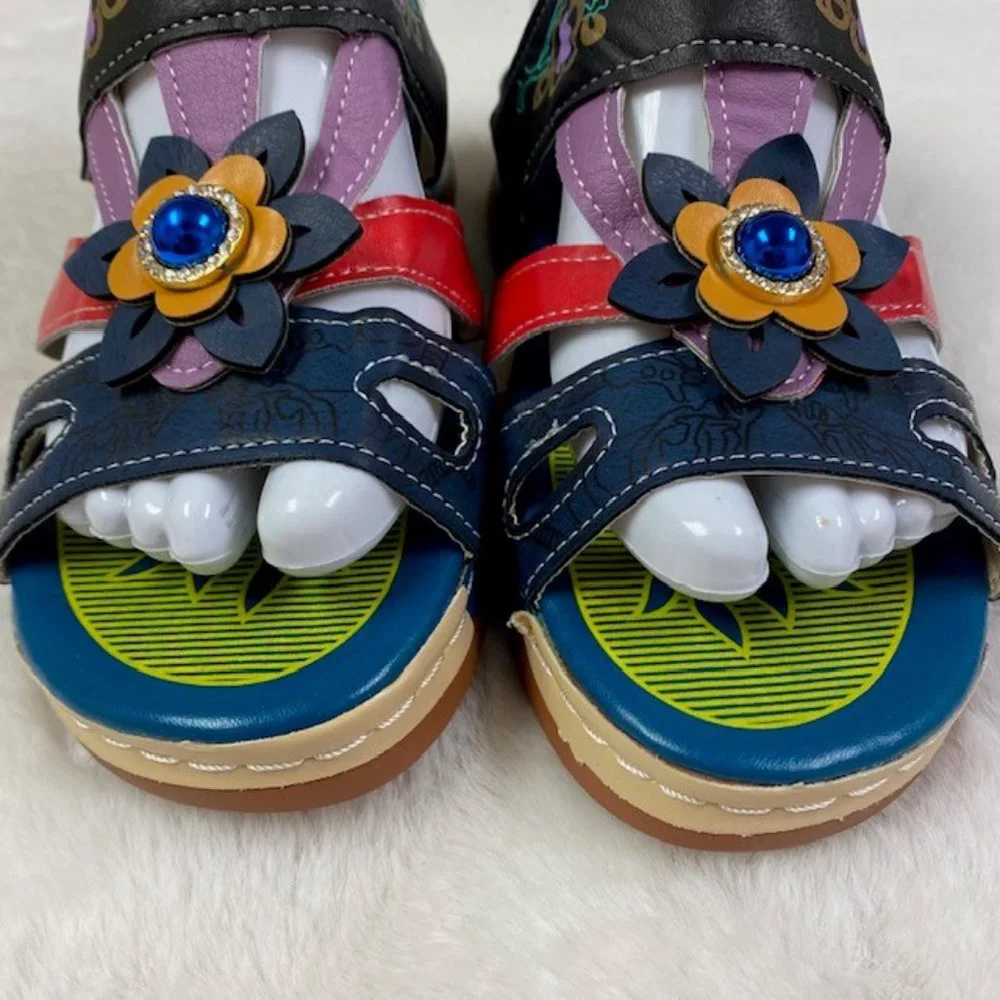 Colorful Hook and Loop‎ Summer Boho Wedge Sandals, size EU 35, US 5